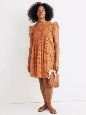 Madewell Eyelet Mini Dress Mulled Cider Orange Ruffle Sleeve Pintuck Small NWT S